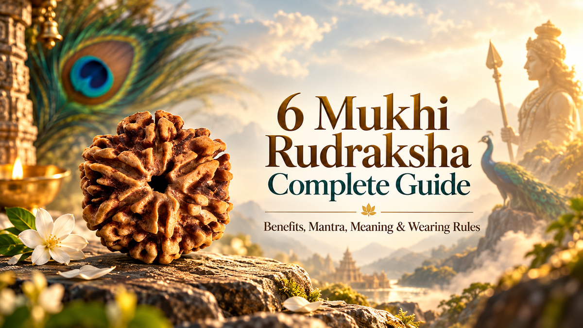 6 Mukhi Rudraksha Complete Guide banner with natural 6 Mukhi bead, Lord Kartikeya, and peacock