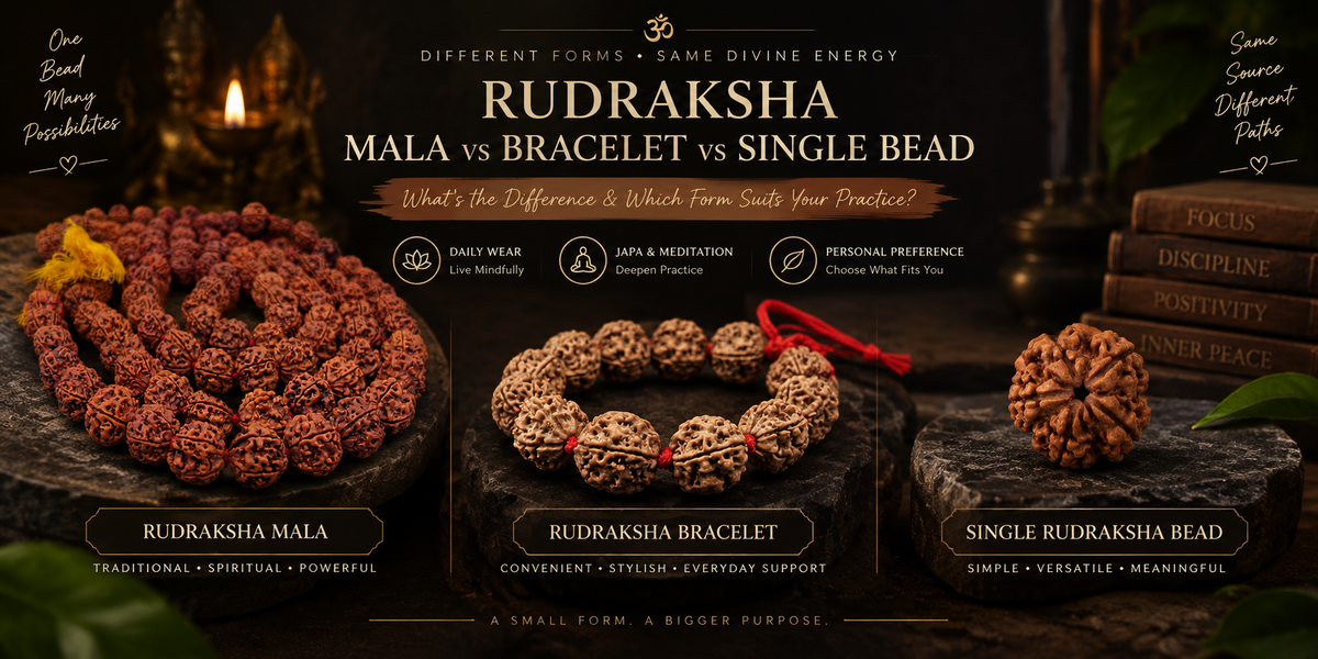 Rudraksha Mala vs Bracelet vs Single Bead comparison showing different ways to wear and use Rudraksha for daily wear, japa and meditation