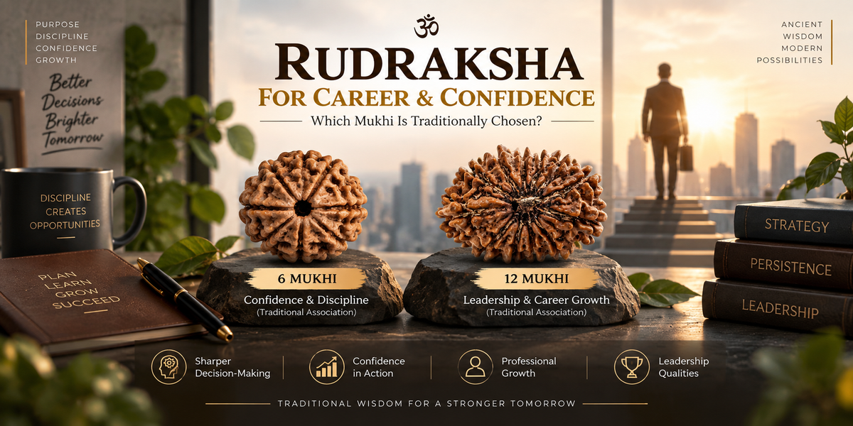 Rudraksha for Career and Confidence featuring 6 Mukhi and 12 Mukhi Rudraksha with traditional associations for discipline, confidence, leadership and career growth