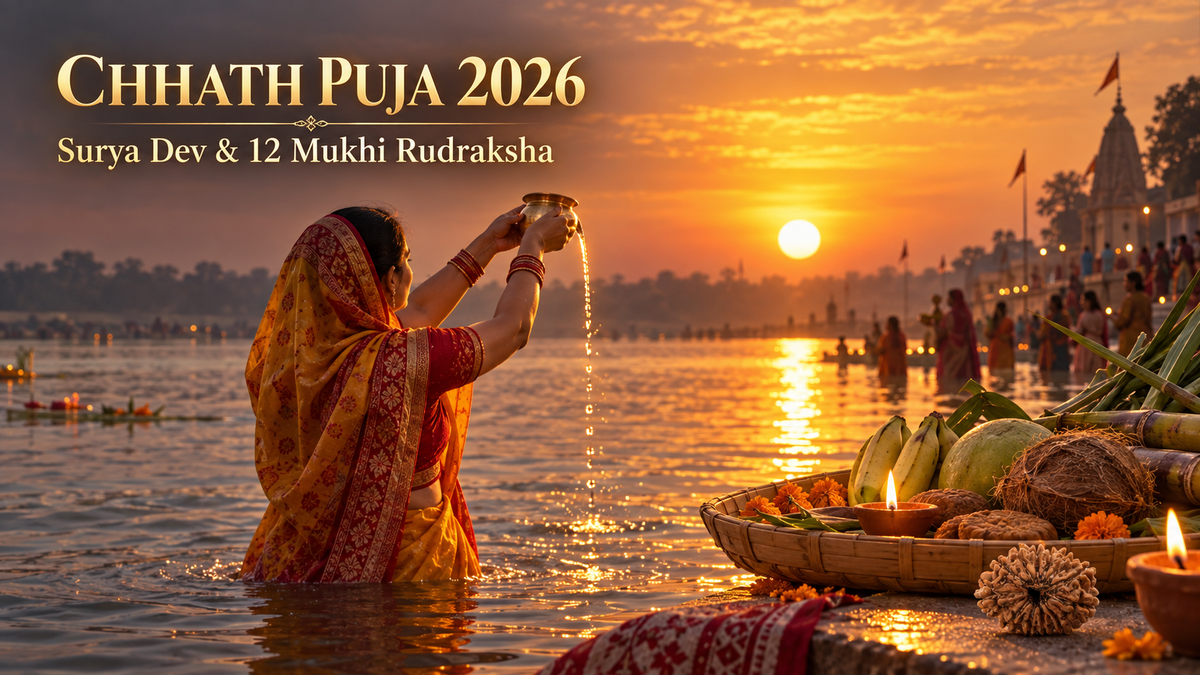 Chhath Puja 2026 Sandhya Arghya at sunset with natural 12 Mukhi Rudraksha.