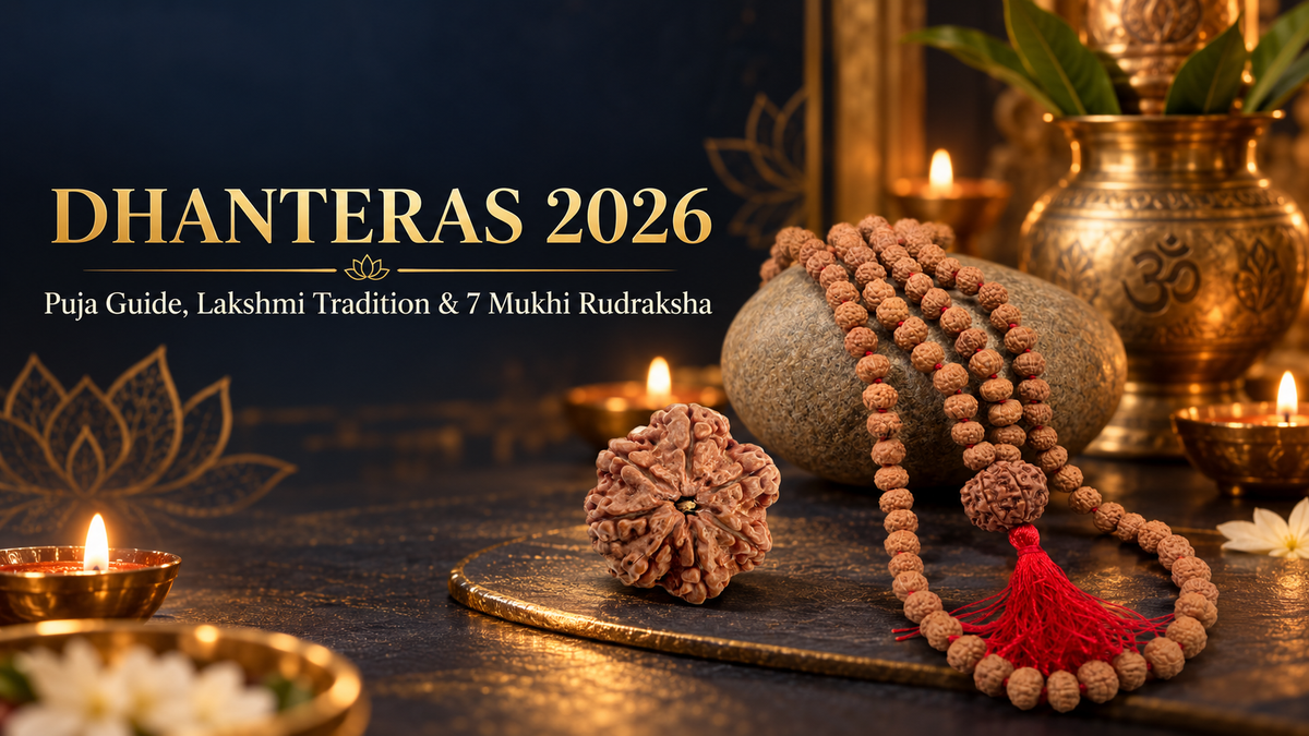 Dhanteras 2026 puja guide banner featuring a natural Nepali 7 Mukhi Rudraksha and Indonesian 7 Mukhi Japa Mala with diyas and kalash