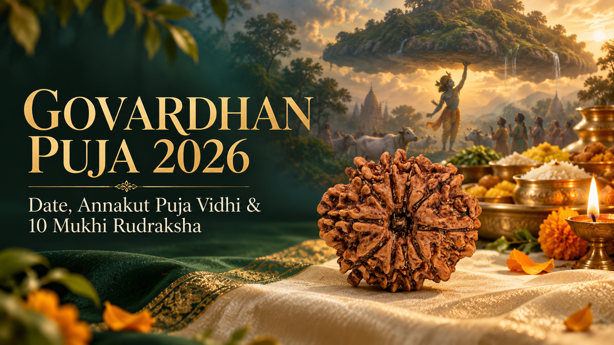 Govardhan Puja 2026 banner featuring Lord Krishna lifting Govardhan Hill, Annakut offerings, diya and a natural 10 Mukhi Rudraksha.