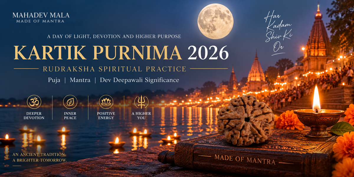 Kartik Purnima 2026 Rudraksha spiritual practice with 5 Mukhi Rudraksha, diya and Dev Deepawali ghats