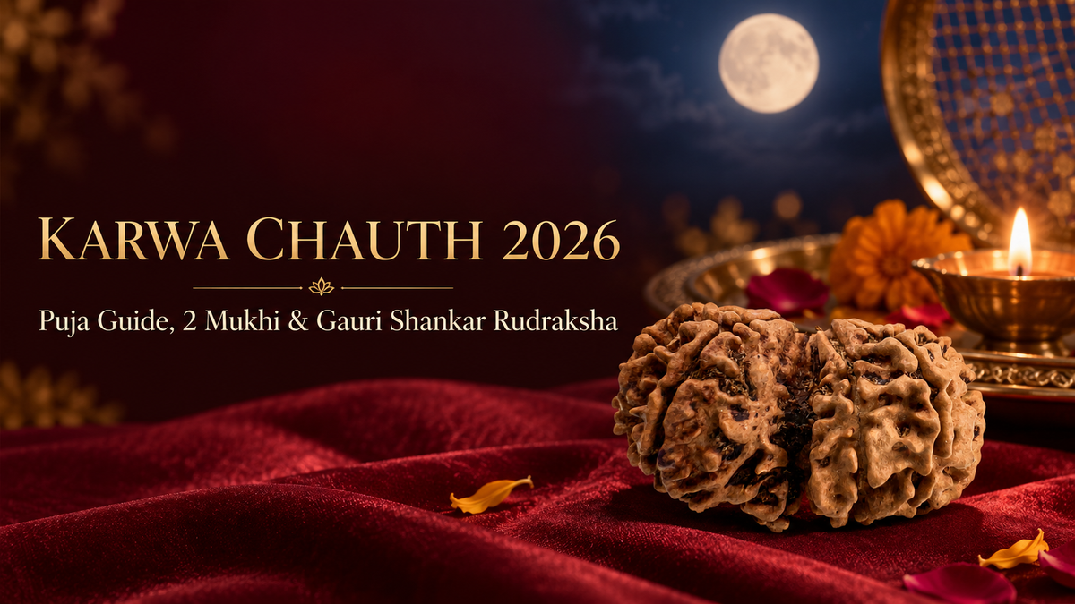 Karwa Chauth 2026 puja guide banner featuring a natural Gauri Shankar Rudraksha, full moon, diya and traditional puja thali.