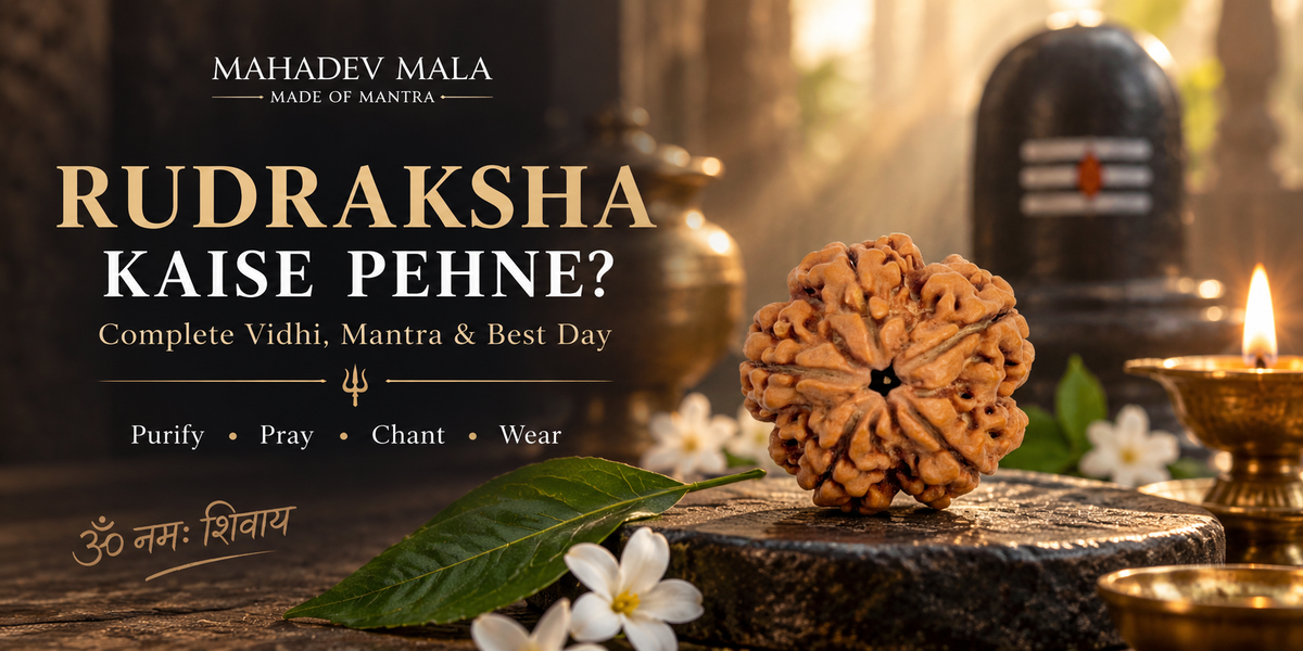 Rudraksha Kaise Pehne guide showing Rudraksha with Shiva Lingam, diya and traditional puja setting