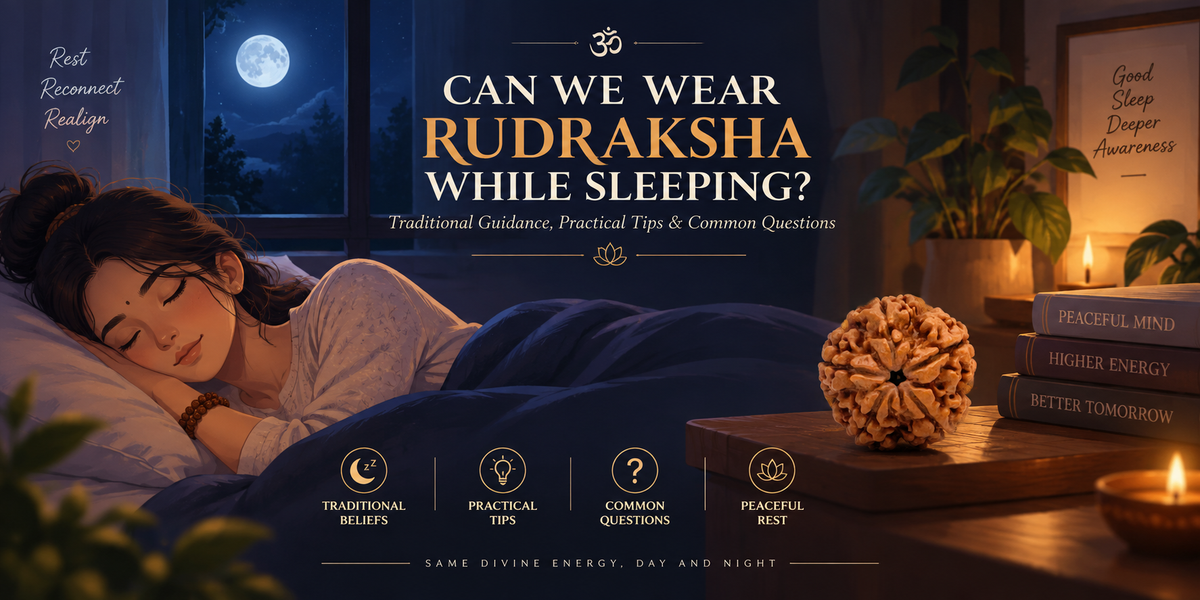 Can we wear Rudraksha while sleeping guide with 5 Mukhi Rudraksha and illustrated woman resting peacefully at night