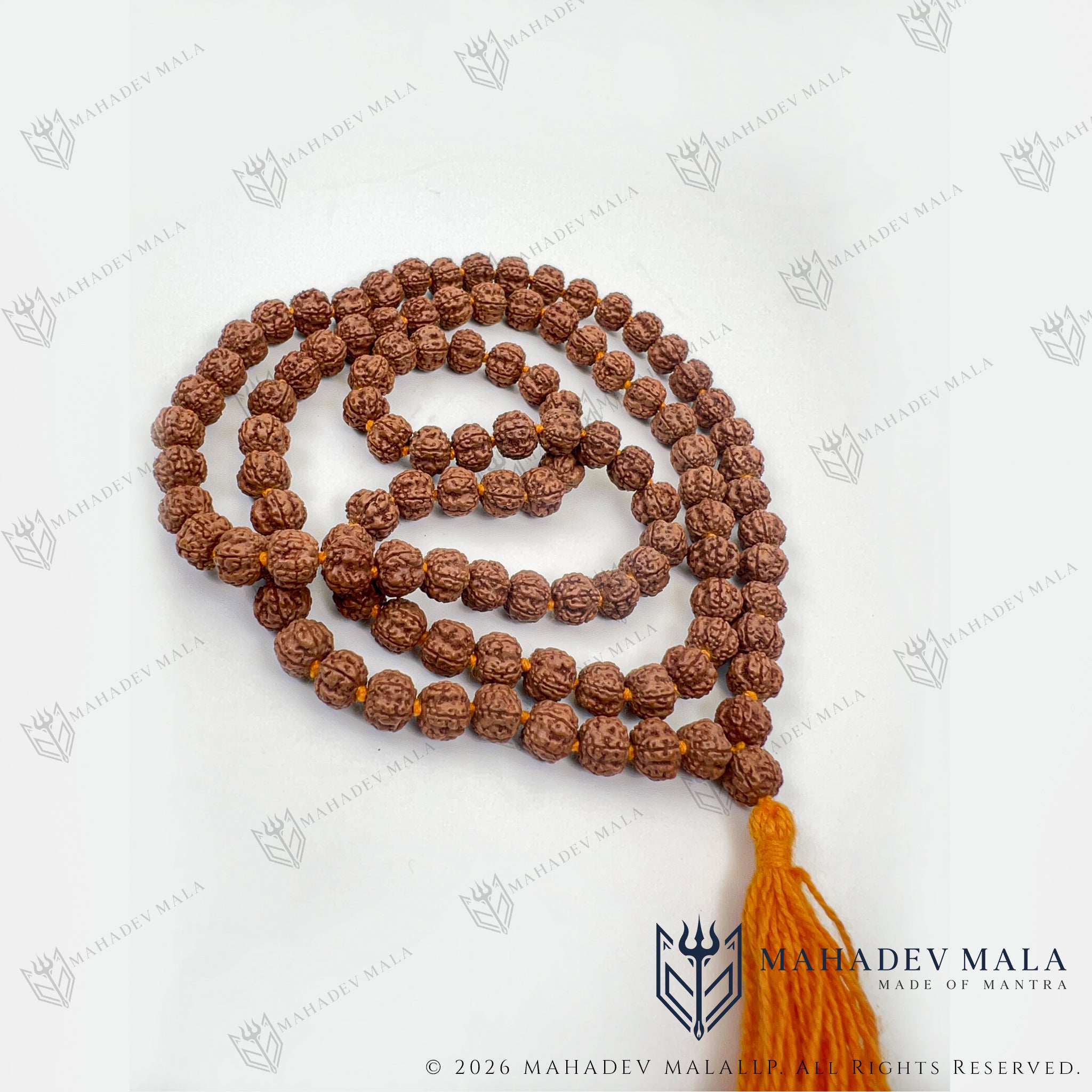 Coiled Indonesian 5 Mukhi Rudraksha Japa Mala with tassel