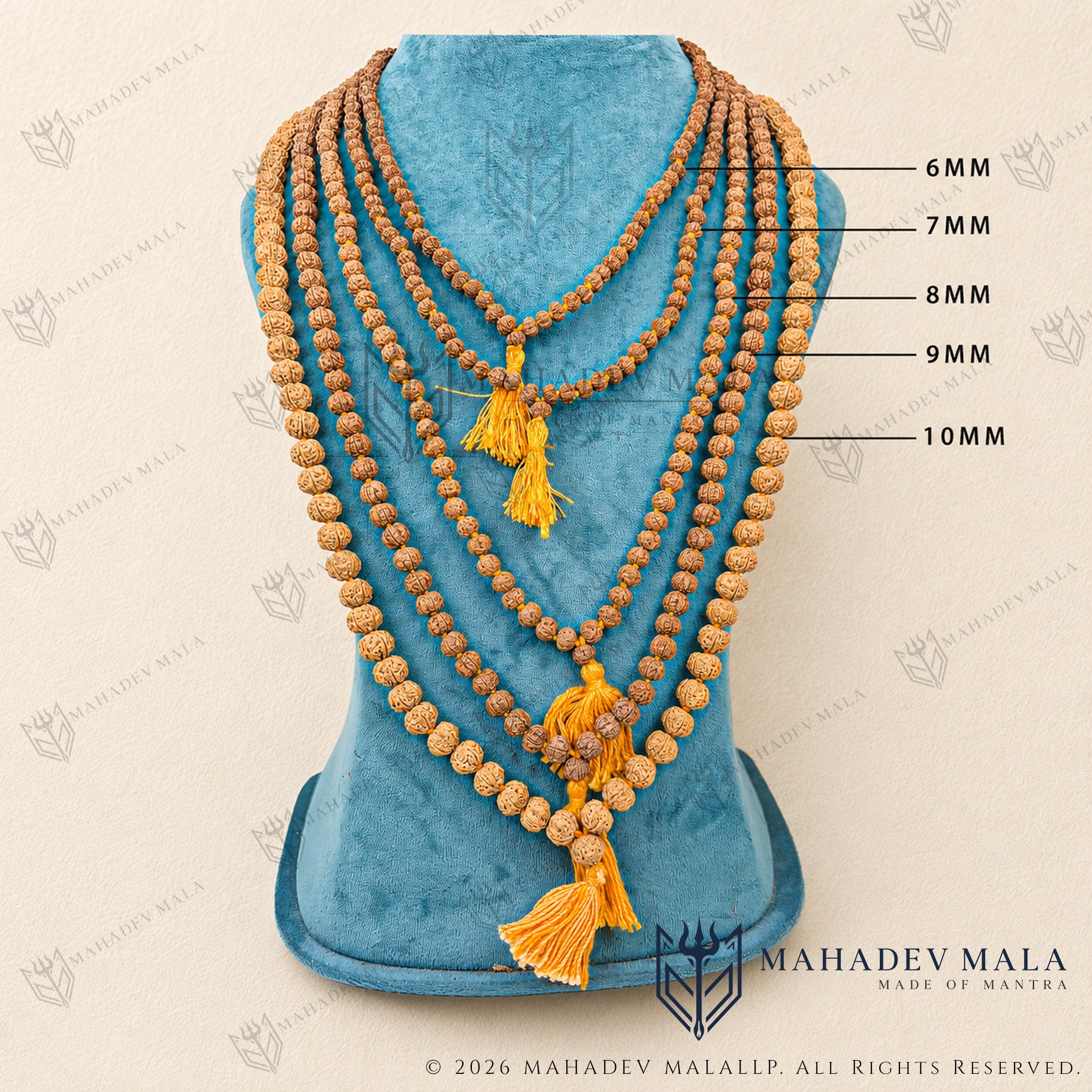 Indonesian 5 Mukhi Rudraksha Japa Mala in multiple bead sizes