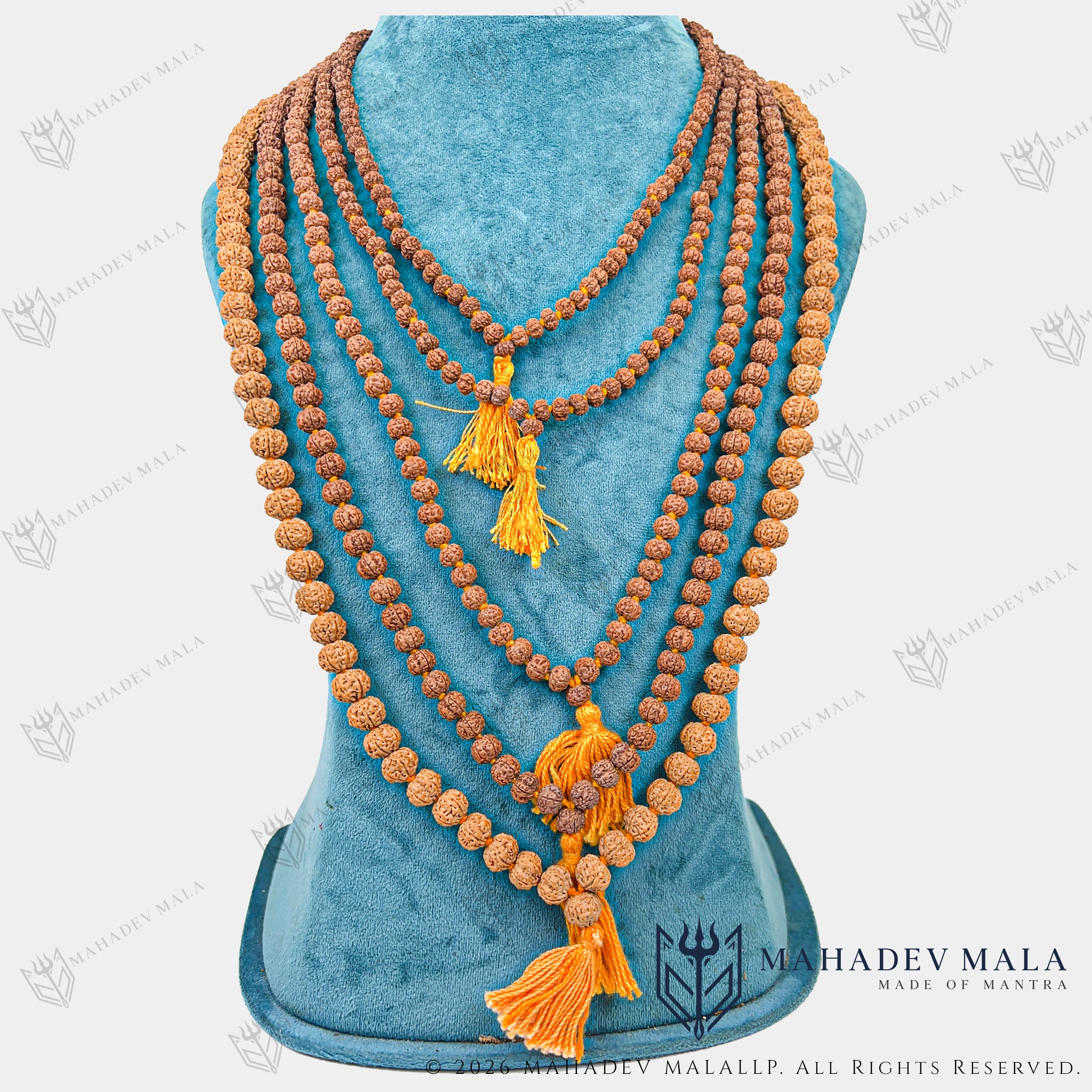 Indonesian 5 Mukhi Rudraksha Japa Mala displayed as a long necklace