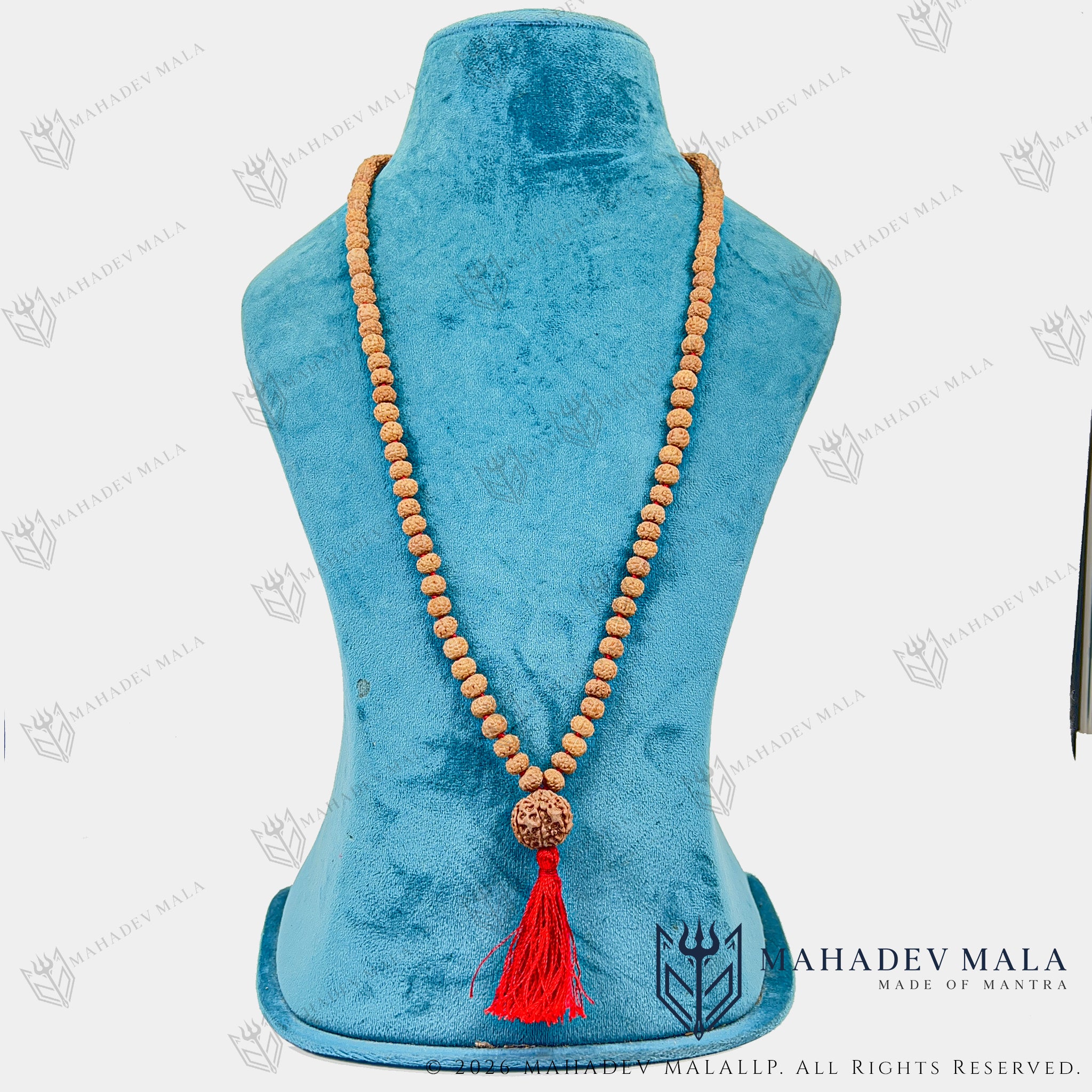 7 Mukhi Rudraksha Japa Mala displayed as a long necklace