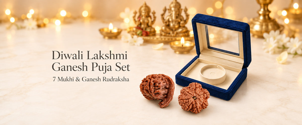 Diwali Lakshmi Ganesh Puja Set with Ganesh and 7 Mukhi Rudraksha beads beside a blue storage box
