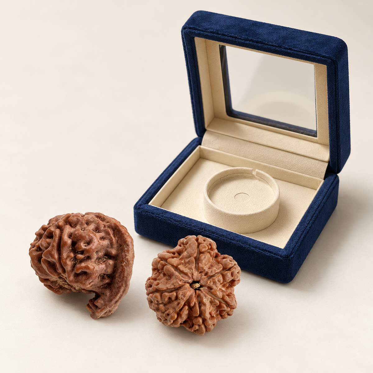 Ganesh Rudraksha and 7 Mukhi Rudraksha beside an open navy storage box on a light background