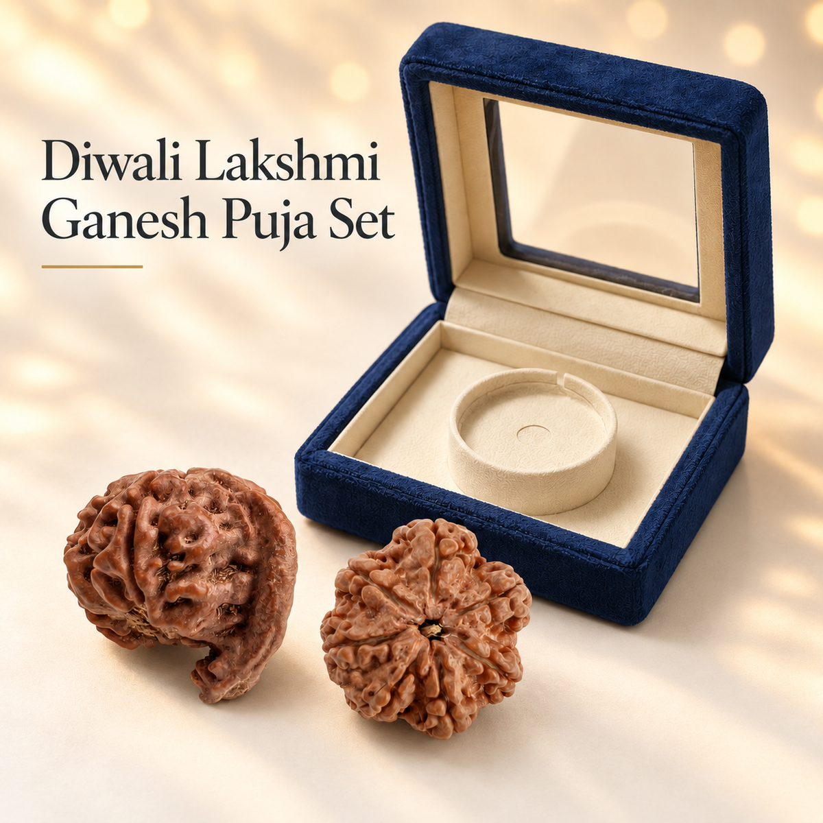 Diwali Lakshmi Ganesh Rudraksha Puja Set with Ganesh Rudraksha, 7 Mukhi Rudraksha and navy storage box