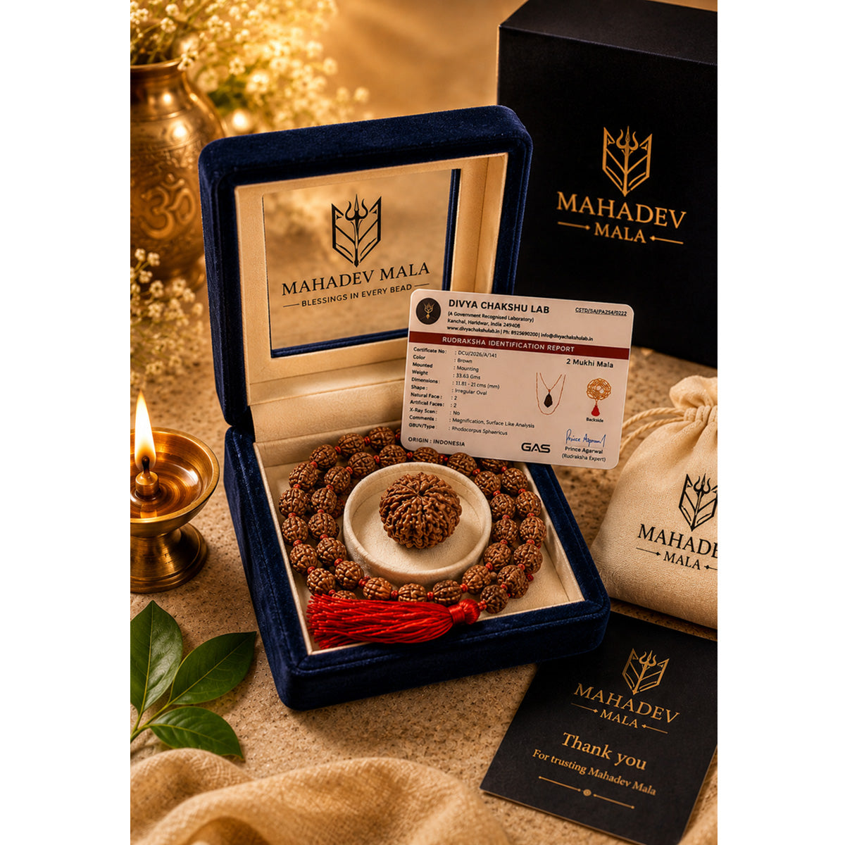 Mahadev Mala premium Rudraksha packaging with mala, certified Rudraksha and laboratory certificate