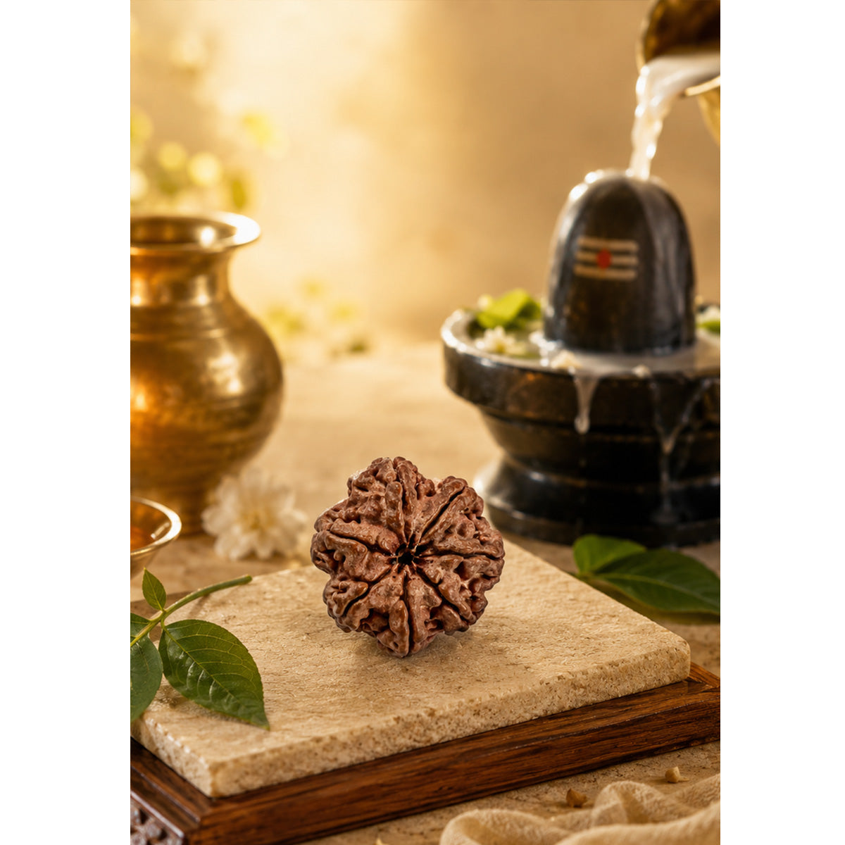 Natural Rudraksha displayed during a traditional Vedic ritual with Shiva Lingam