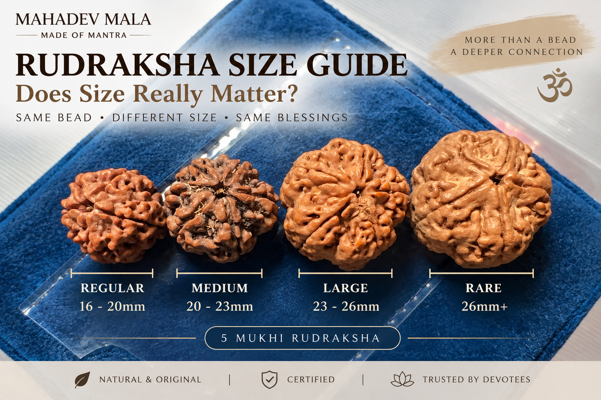 5 Mukhi Rudraksha size guide showing Regular 16–20mm, Medium 20–23mm, Large 23–26mm and Rare 26mm+ beads
