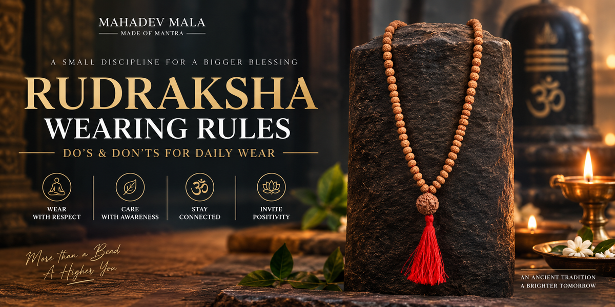 Rudraksha wearing rules and daily care guide with Rudraksha mala, Shiva Lingam and diya