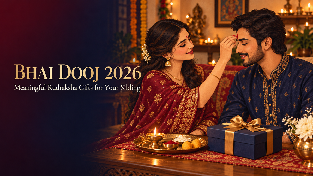Illustrated Bhai Dooj 2026 banner showing a sister applying tilak to her brother beside a puja thali and premium closed gift box.