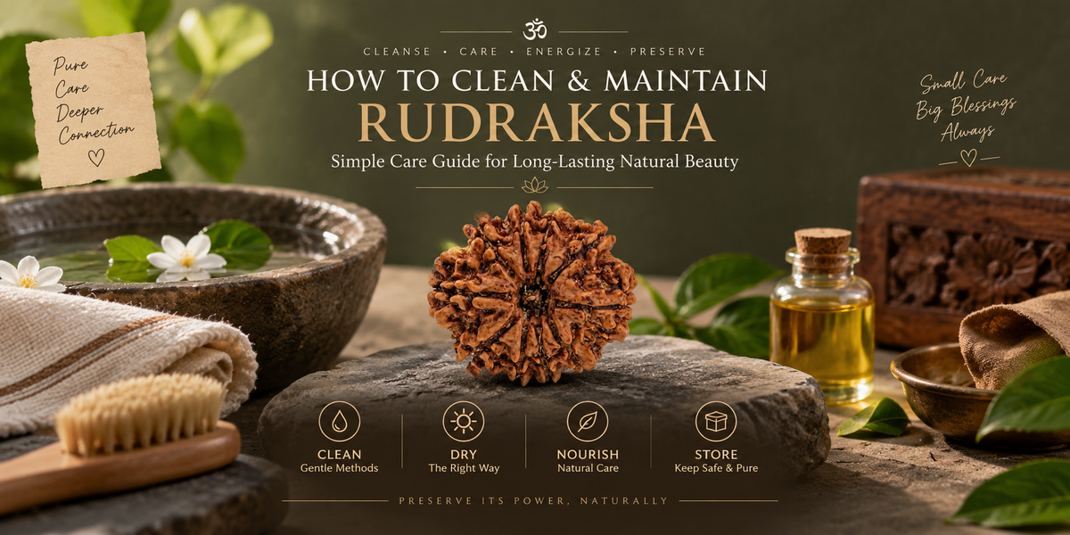 How to clean and maintain Rudraksha guide featuring 10 Mukhi Rudraksha with gentle cleaning, drying, natural care and safe storage tips
