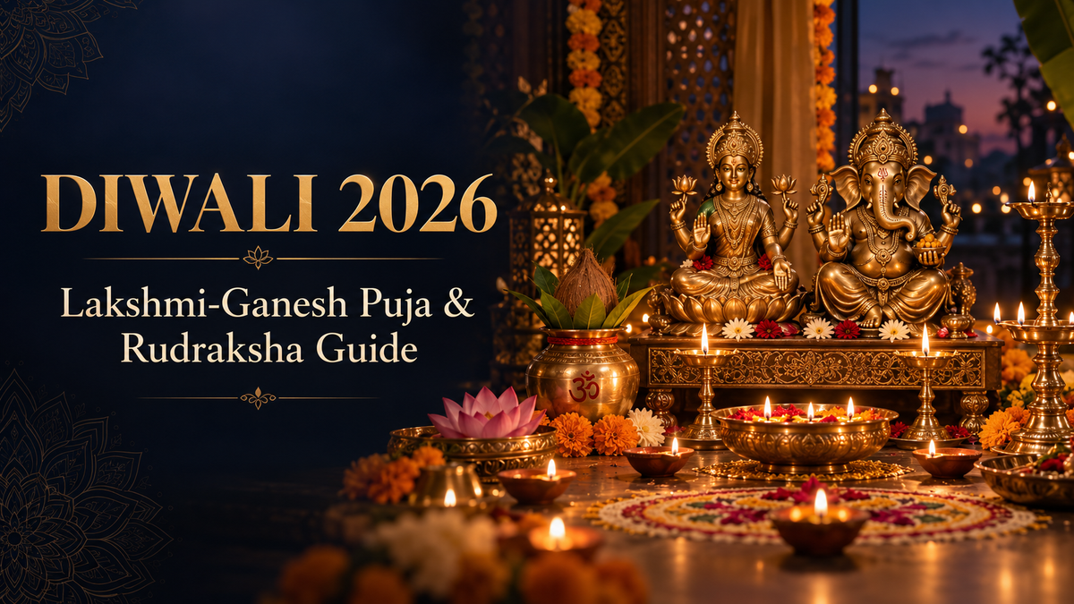 Diwali 2026 Lakshmi-Ganesh Puja setting with traditional diyas, kalash, lotus flowers and festive rangoli