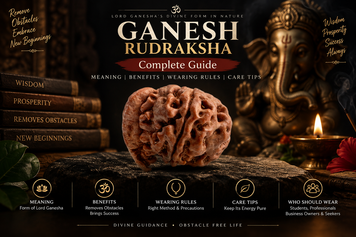Ganesh Rudraksha Complete Guide featuring natural Ganesh Rudraksha with Lord Ganesha, benefits, wearing rules and care tips.