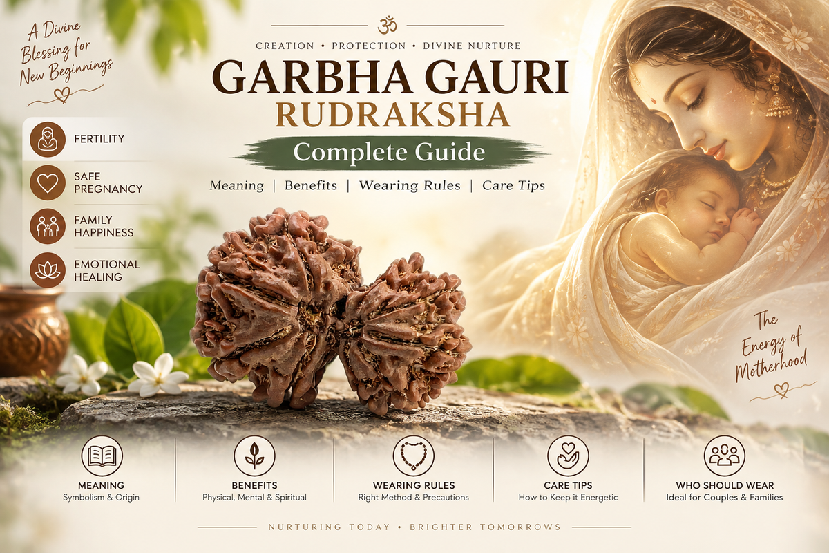 Garbha Gauri Rudraksha complete guide featuring natural Garbha Gauri Rudraksha with motherhood symbolism, traditional benefits, wearing rules and care tips