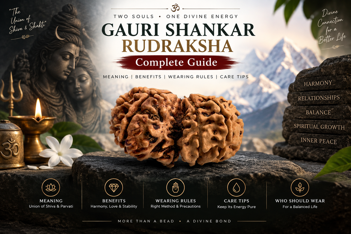 Gauri Shankar Rudraksha complete guide featuring natural Gauri Shankar Rudraksha with Shiva Parvati symbolism, benefits, wearing rules and care tips