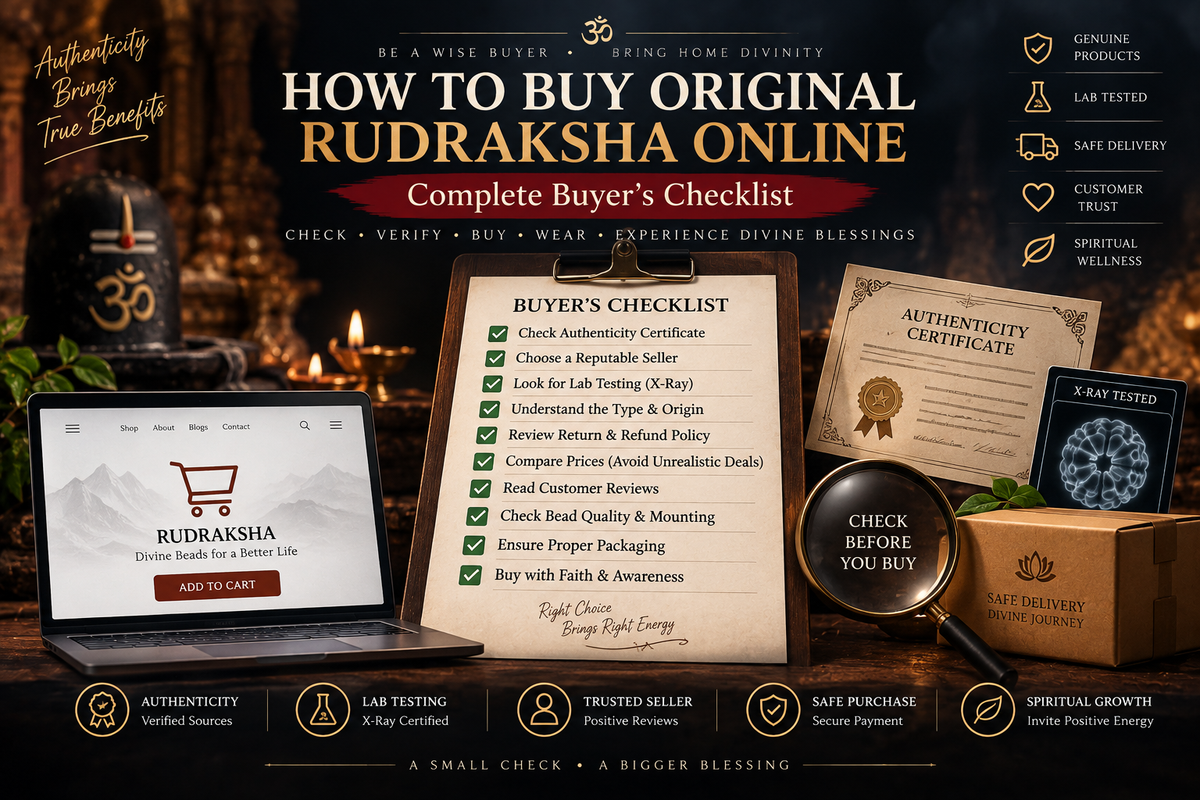 How to Buy Original Rudraksha Online buyer’s checklist showing authenticity certificate, lab testing, X-ray verification, trusted seller and safe purchase checks.
