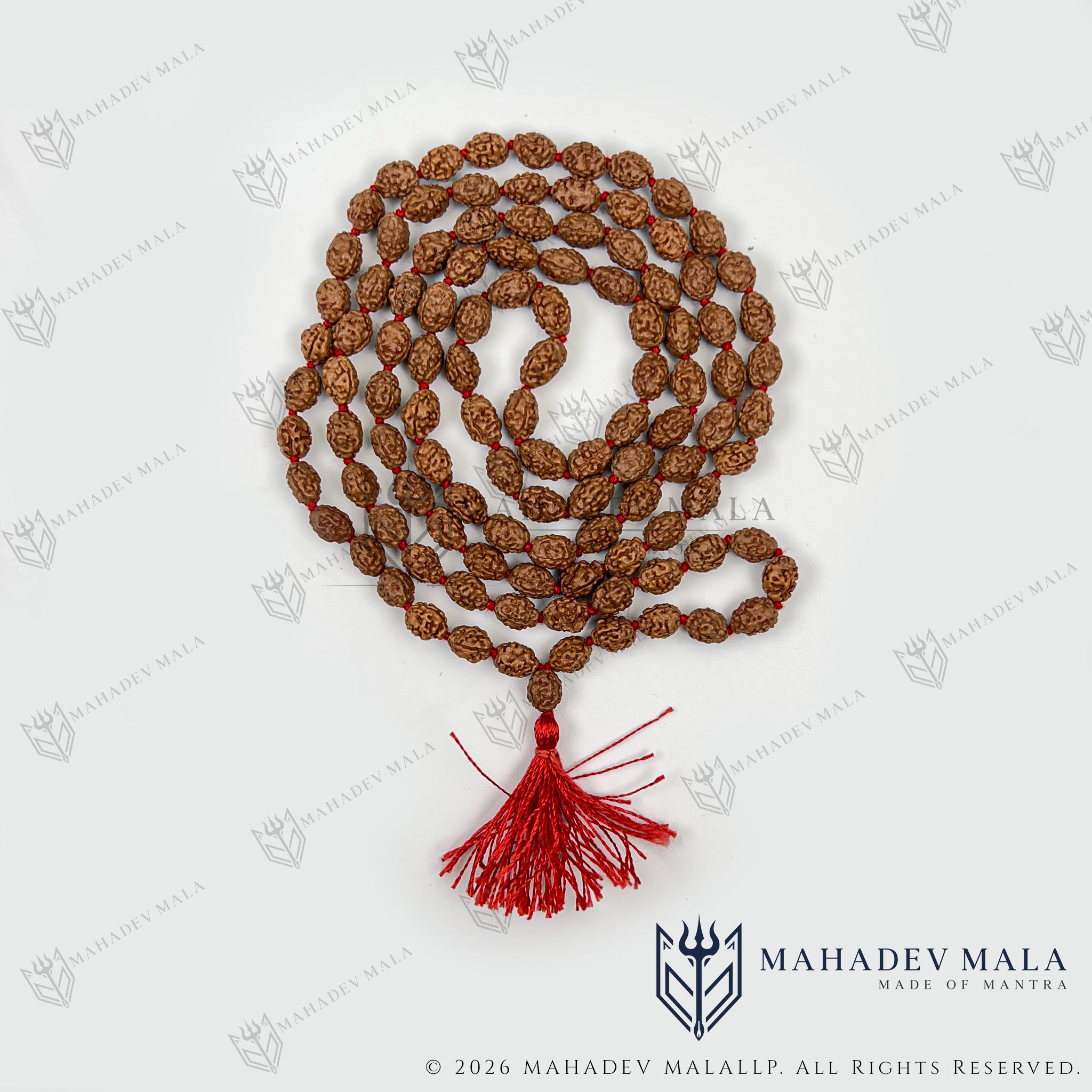 Coiled Indonesian 3 Mukhi Rudraksha Japa Mala with red tassel