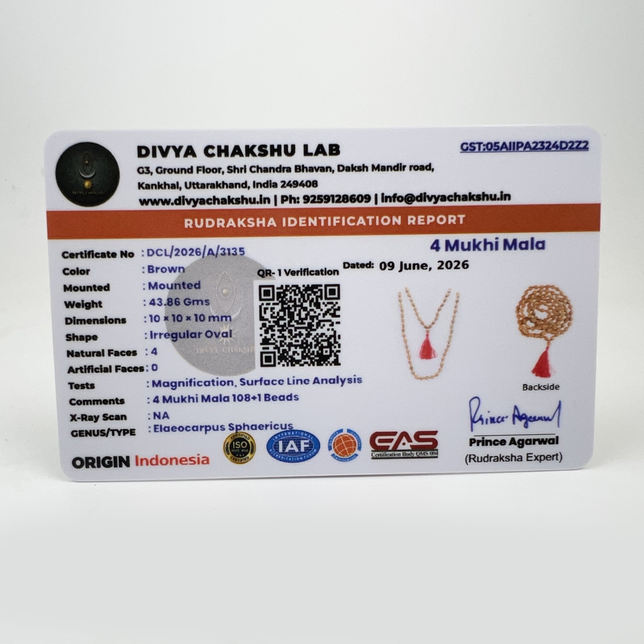 Lab certificate for Indonesian 4 Mukhi Rudraksha Japa Mala