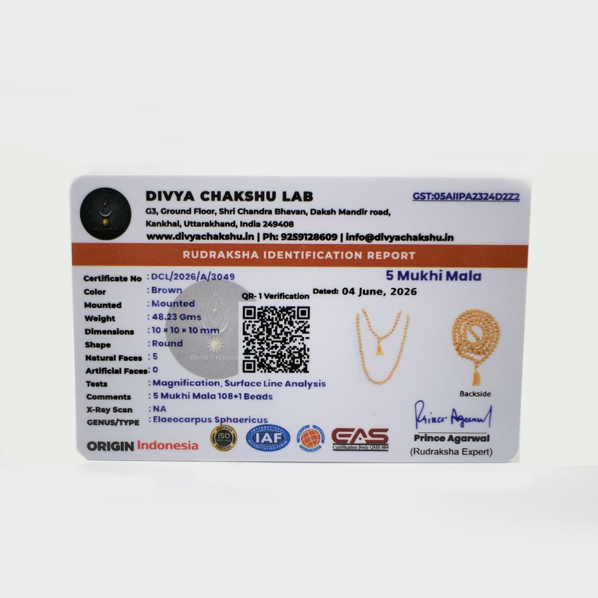 Lab certificate for Indonesian 5 Mukhi Rudraksha Japa Mala