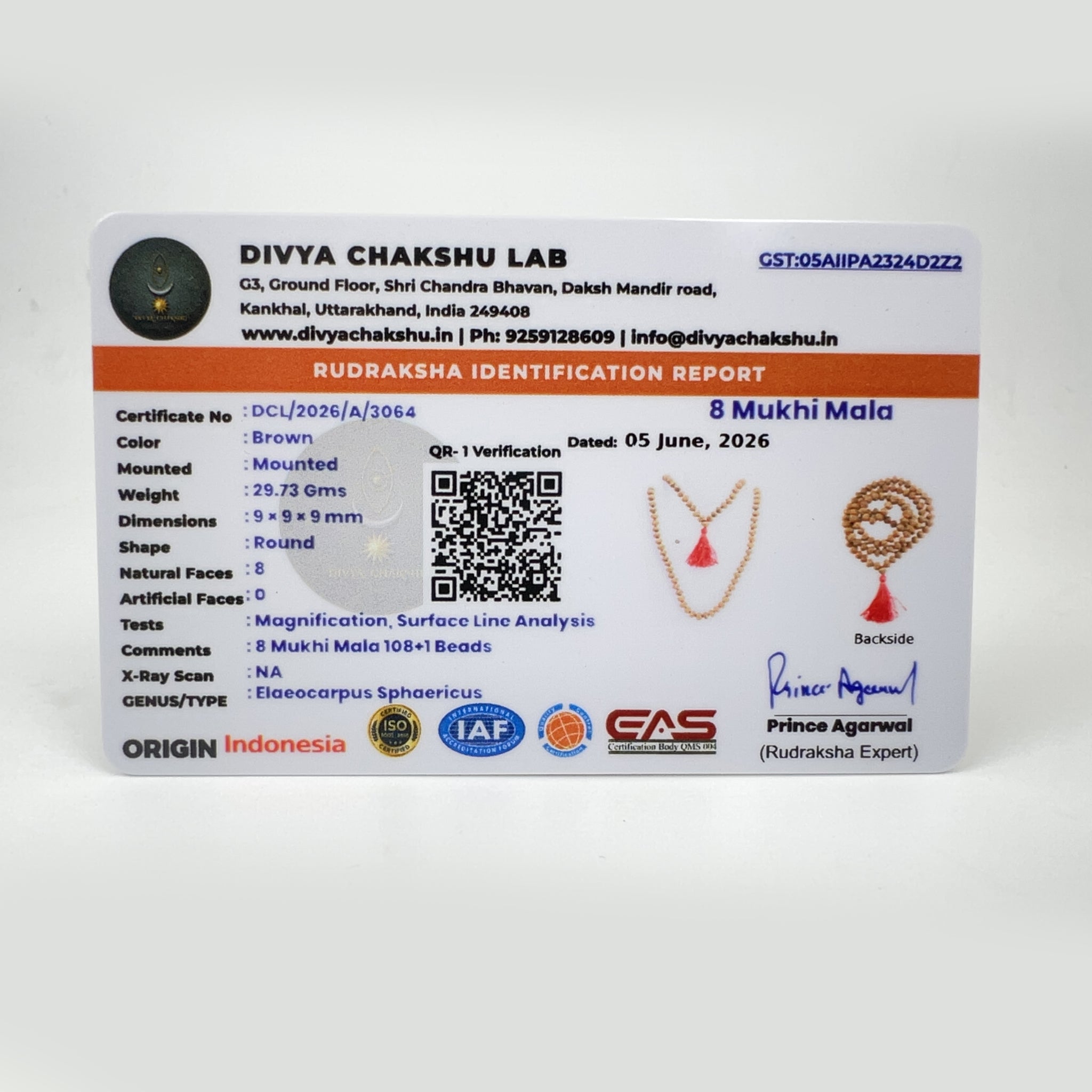 Lab certificate for Indonesian 8 Mukhi Rudraksha Japa Mala