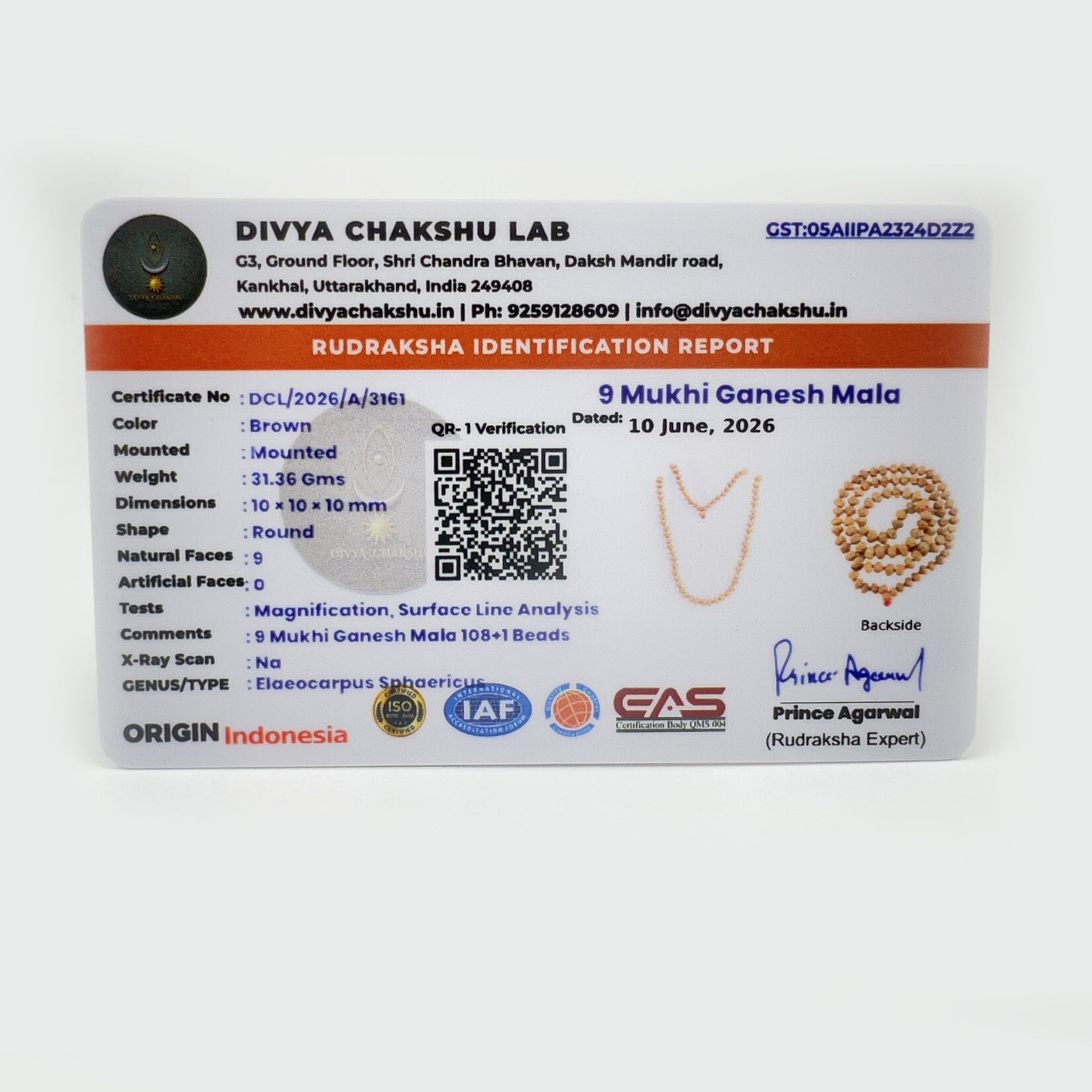 Lab certificate for Indonesian 9 Mukhi Ganesh Rudraksha Japa Mala