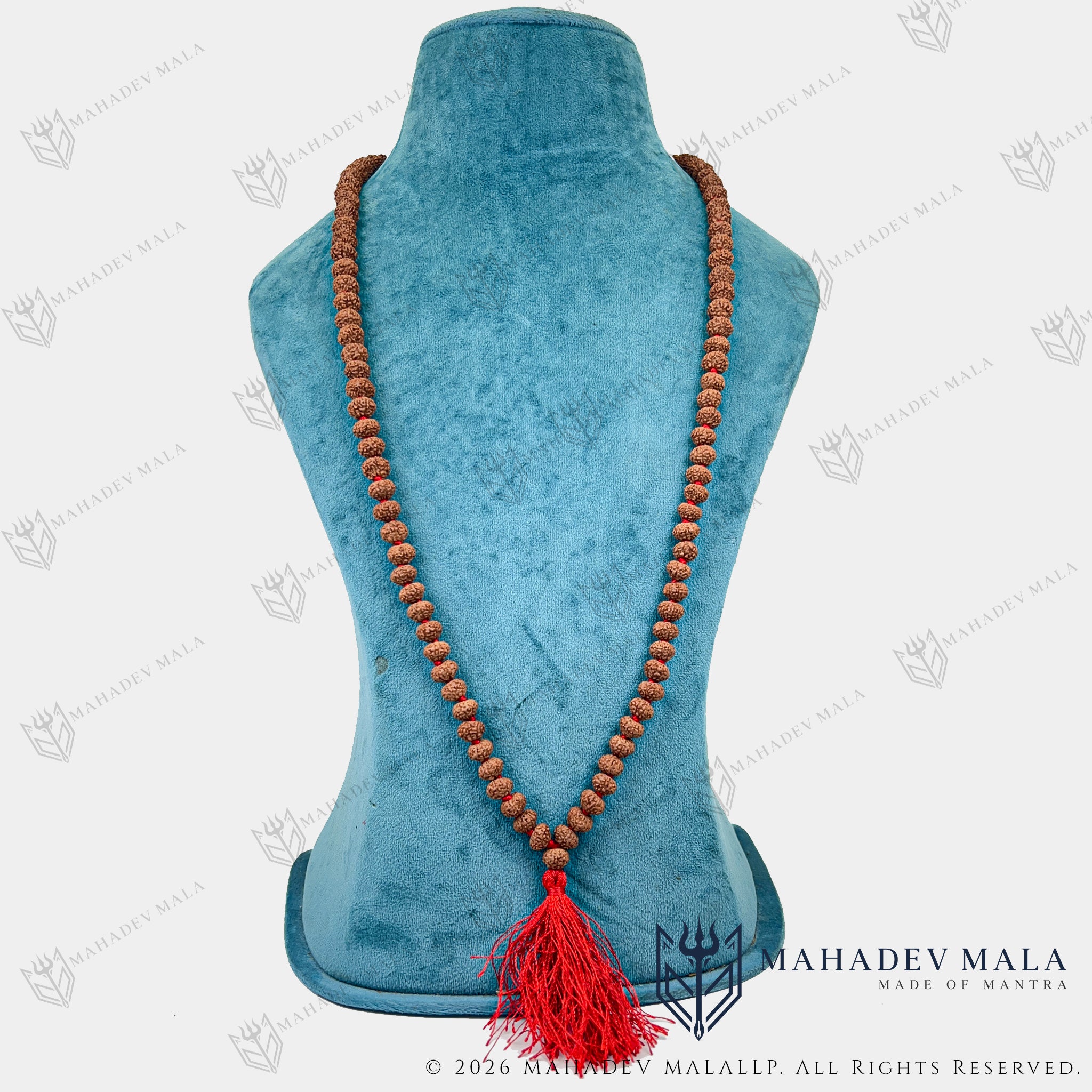 Indonesian 9 Mukhi Rudraksha Japa Mala displayed as a long necklace