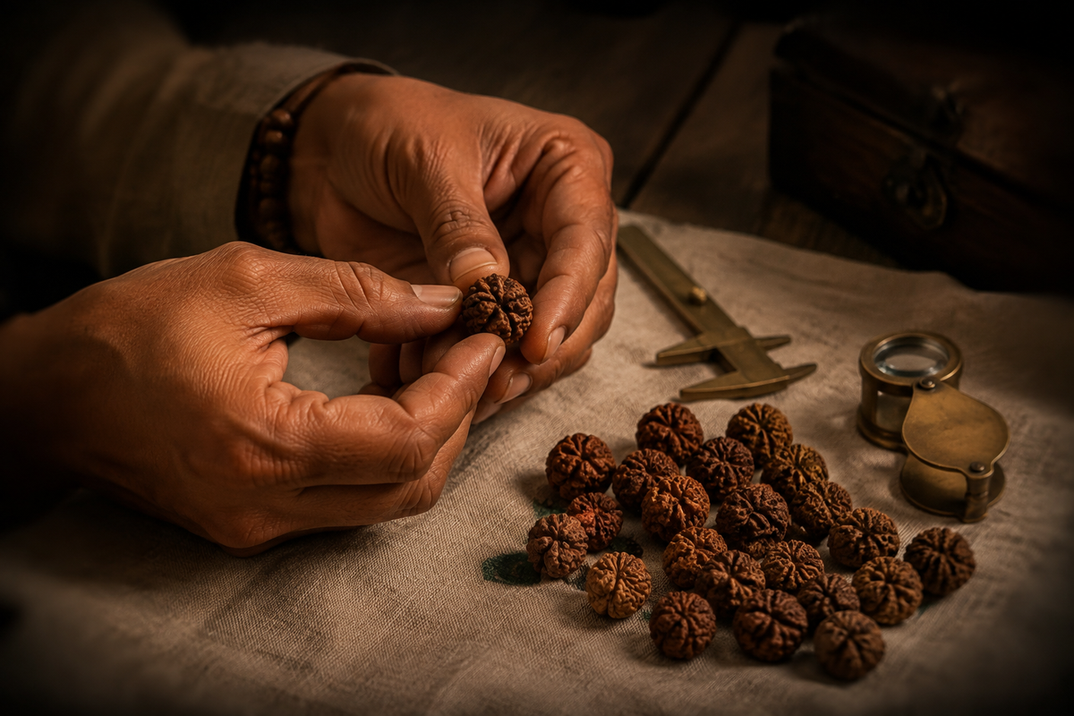 Hand selection and quality inspection of natural Rudraksha beads at Mahadev Mala