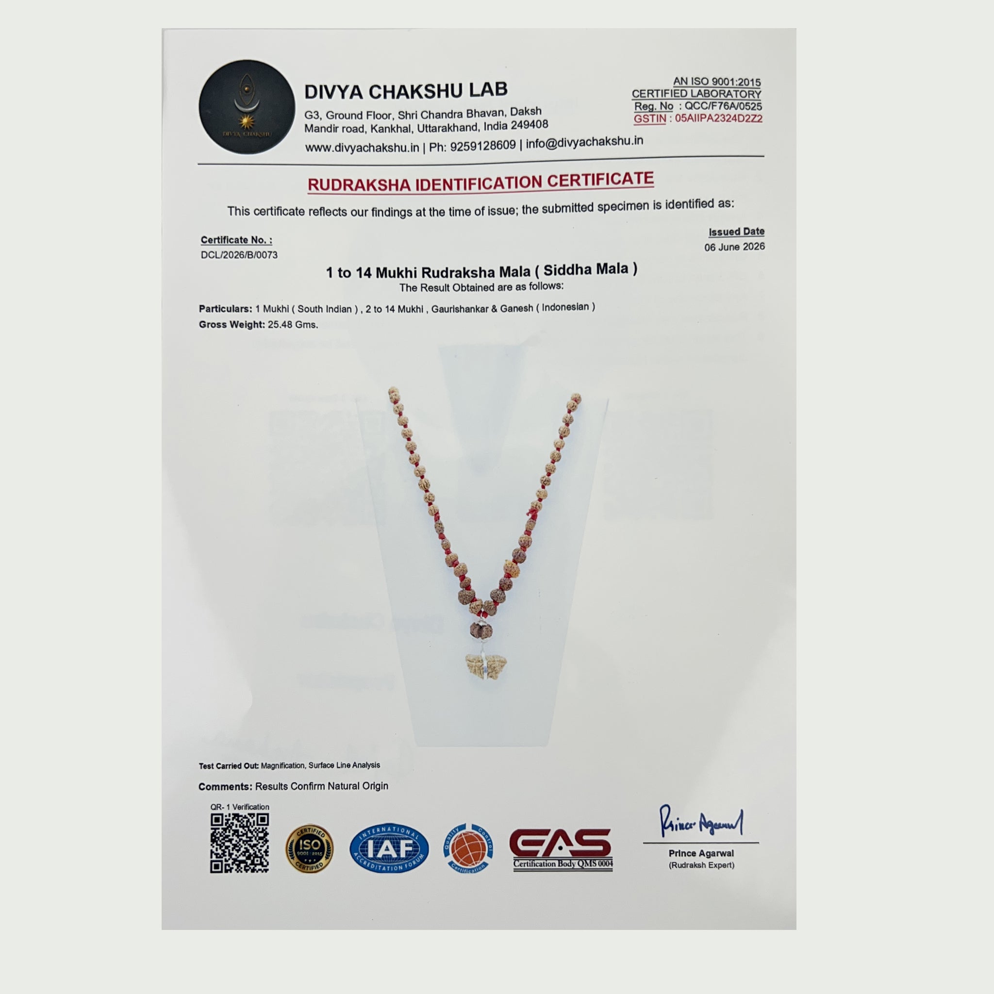 Authenticity certificate for 1 to 14 Mukhi Indonesian Rudraksha Siddha Mala